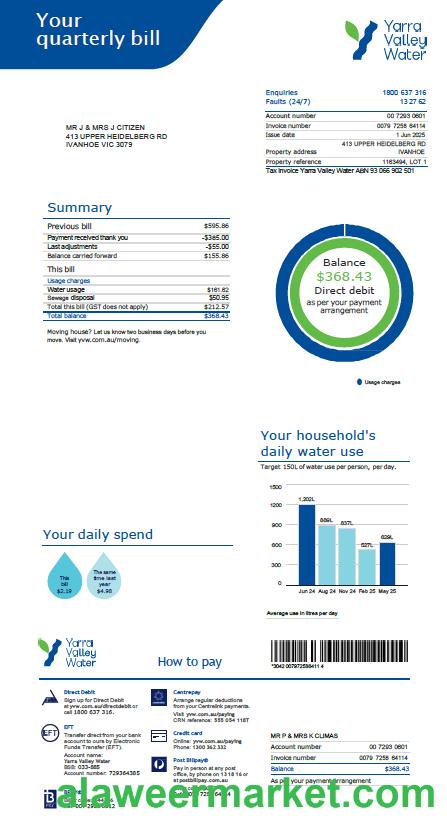 Australia Yarra Valley Water utility bill template in Word and PDF formats